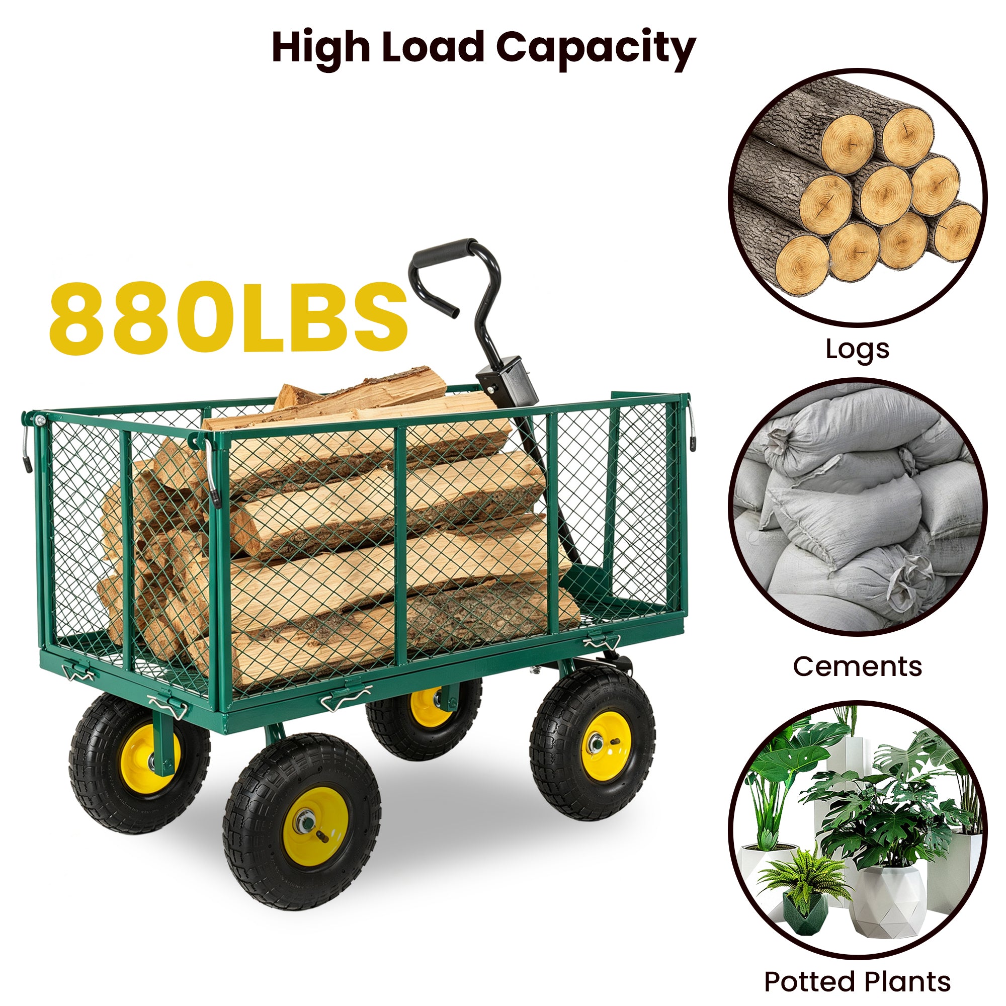 6.17 cu. ft. Green Metal Garden Cart with Removable Liner,Side Panels,Mesh Tray,3-in-1 Outdoor Wagon Cart